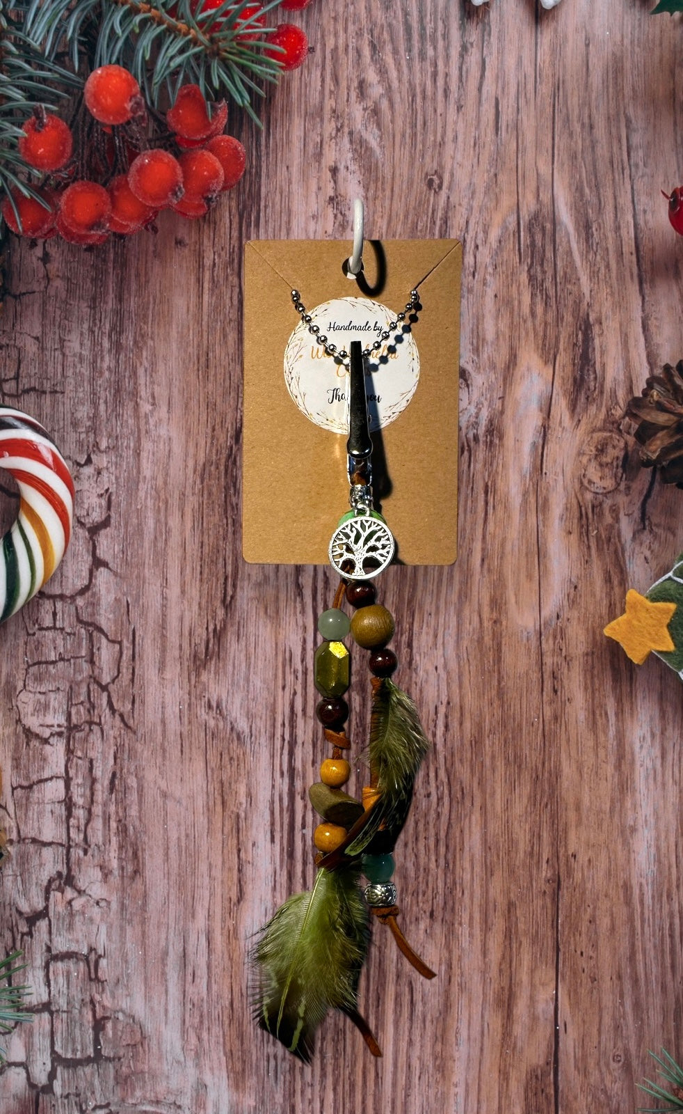 Green Tree of Life Feather Clip